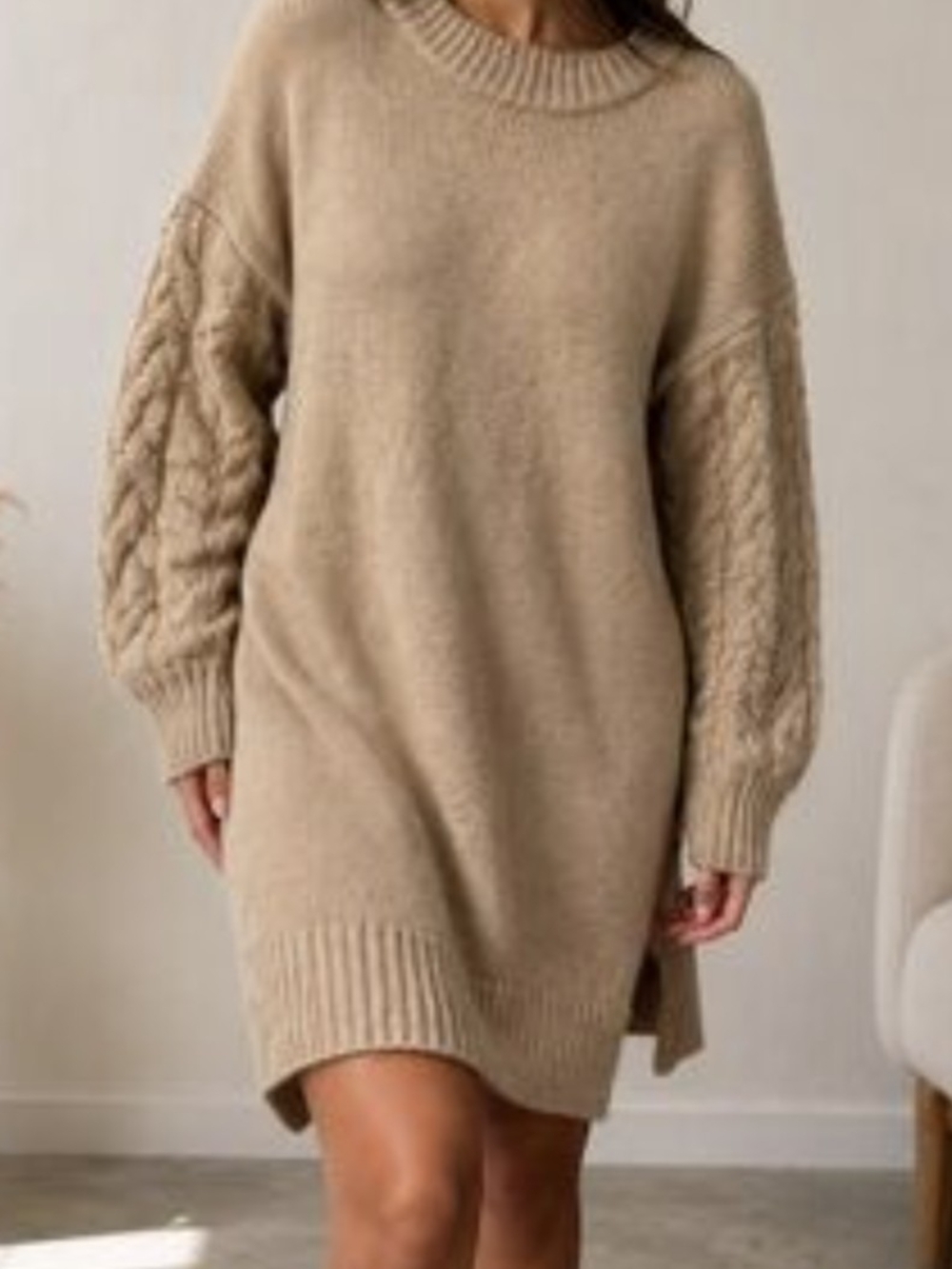 a new day Beige Cable-Knit Sleeve Sweater Dress